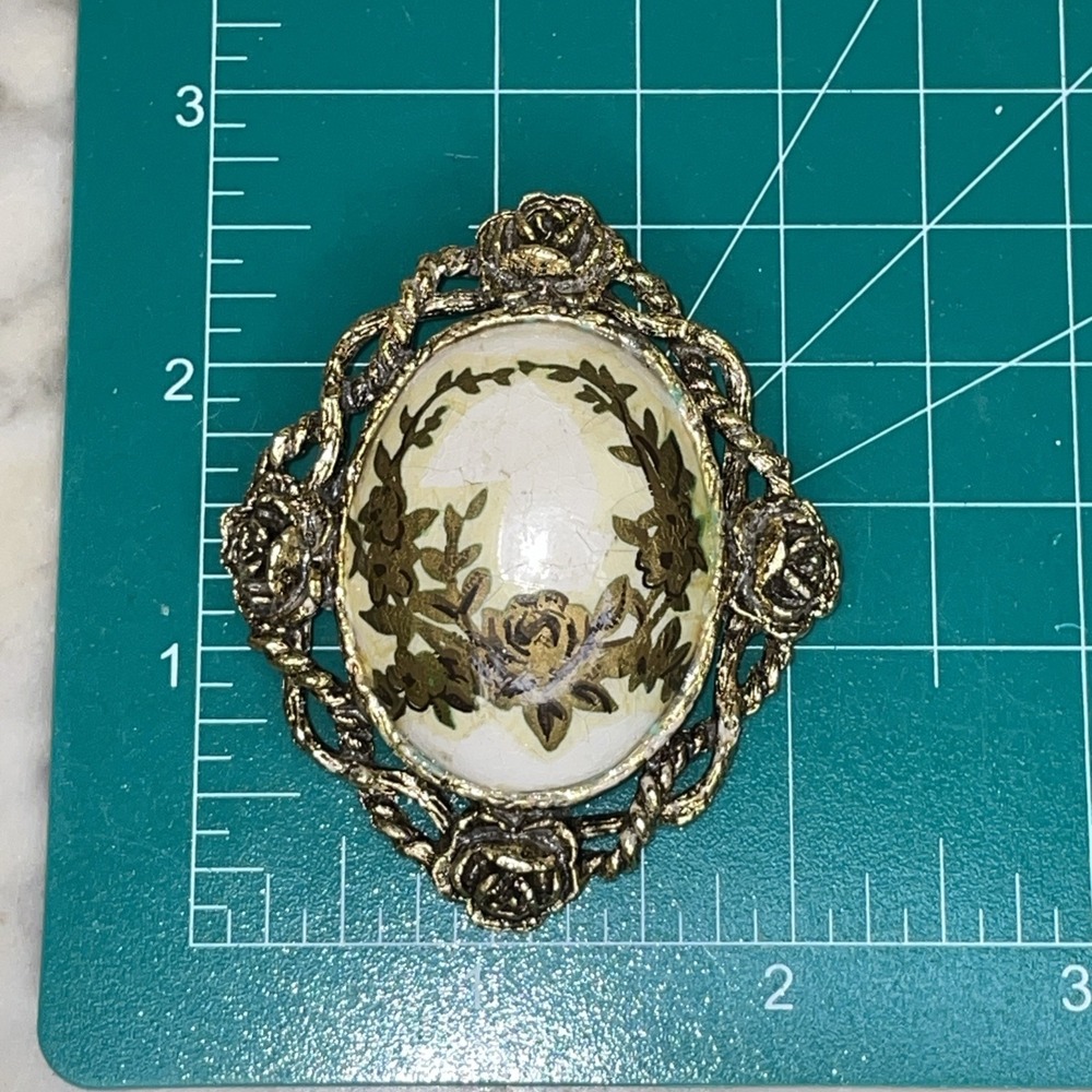 Vintage Victorian Cameo Brooch or Pendant Ceramic Intricate Gold Tone Metal Work